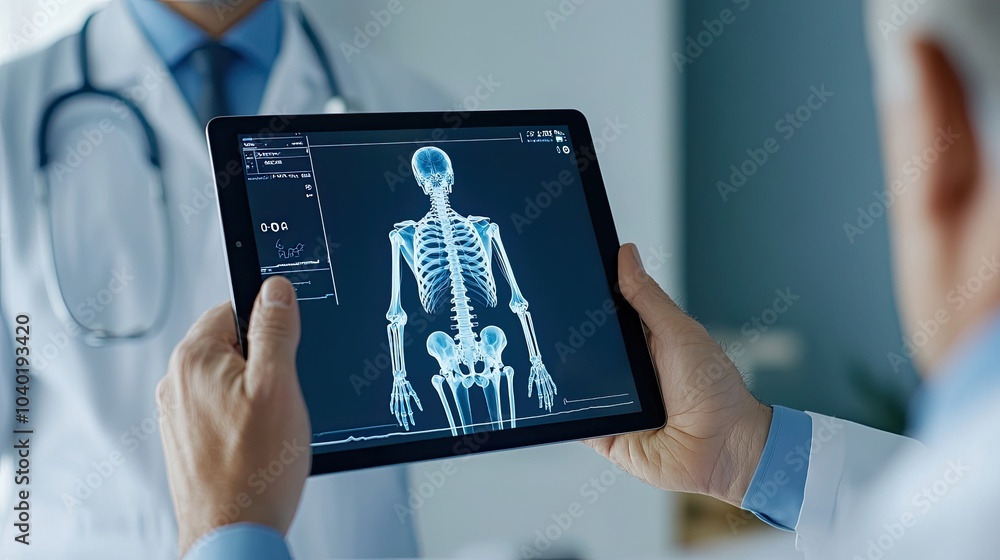Poster doctors using tablet to display digital skeleton image