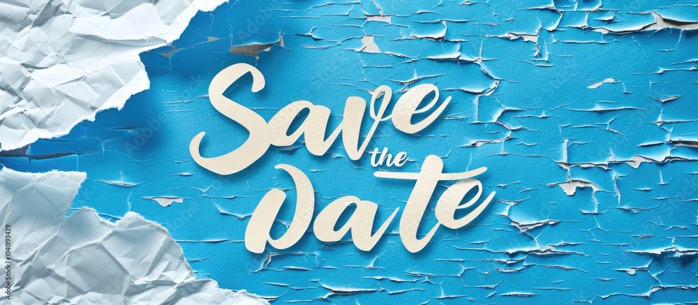 Poster save the date text on torn paper with blue backdrop symbolizing a save the date concept providing co