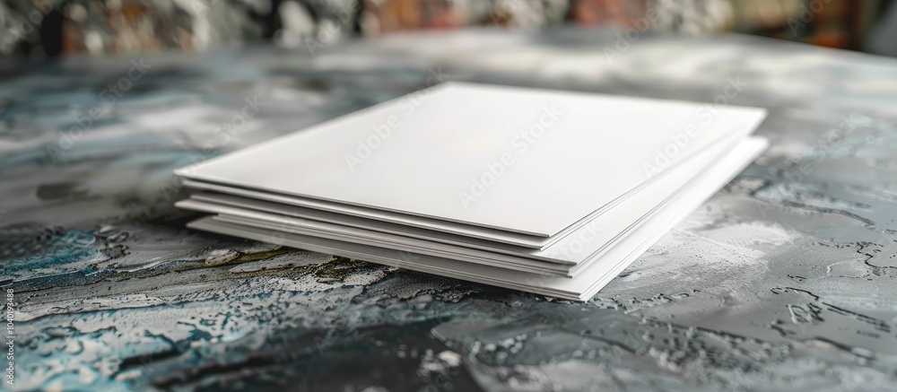 Poster close up mockup for design featuring blank paper sheets on a textured grey table with copy space ima