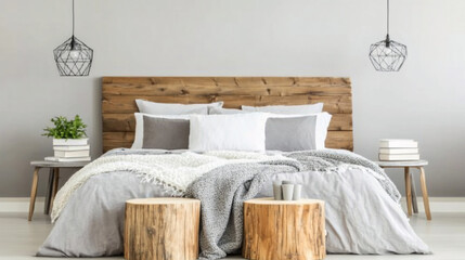 Minimalist bedroom with light gray bedding and wooden accents, soft natural lighting