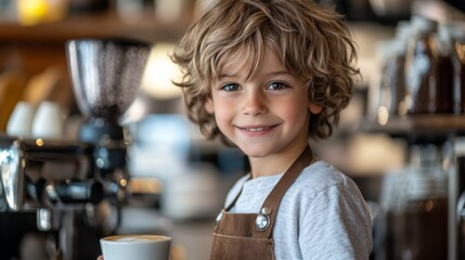 A young boy with curly hair is smiling at the camera in a coffee shop. He is wearing a brown apron and holding a cup