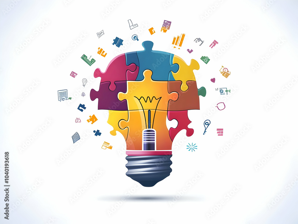 Poster flat floating puzzle piece connecting light bulb innovative ideas problem solving esg business conte