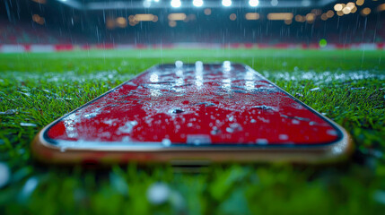 Close-up of a smartphone lying on a rainy soccer field, symbolizing digital sports connections and in-play betting