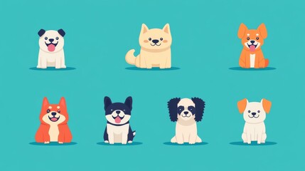 A playful gathering of cartoon dogs and puppies showcasing various breeds in a colorful, cheerful setting
