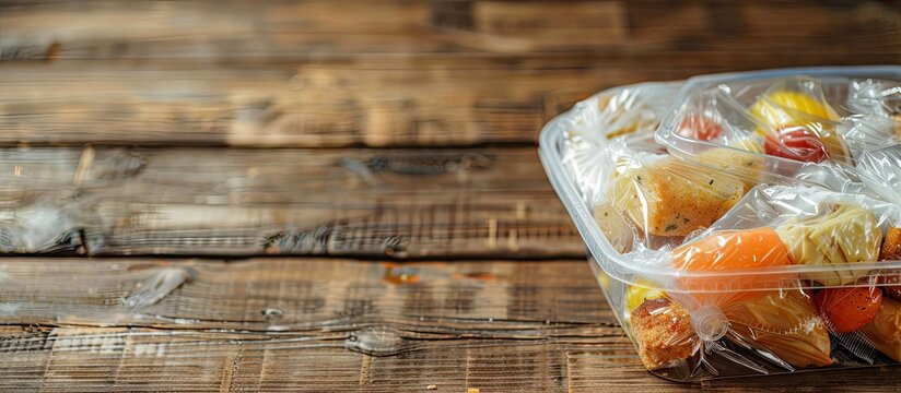 A clear plastic container holds various neatly wrapped food items on a wooden table with copy space image