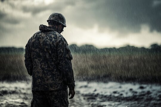 The stark silhouette of a soldier standing under pounding rain, head lowered in deep thought, creates a powerful image of introspection and inner struggle.