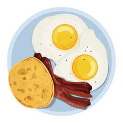 Eggs and bacon on plate vector isolated. Illustration of a delicious breakfast. Plate with fried eggs, bacon and bread. Healthy nutrition. Morning meal.