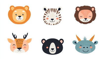 Fototapeta premium Adorable collection of woodland and safari animal faces featuring a bear, tiger, lion, zebra, giraffe, and more in vibrant, playful designs