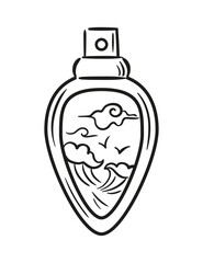 Elegant design of a perfume bottle with a beautiful view of the ocean in an Asian style. Vector illustration in sketch style. Marine aroma. For sticker, packaging, design element