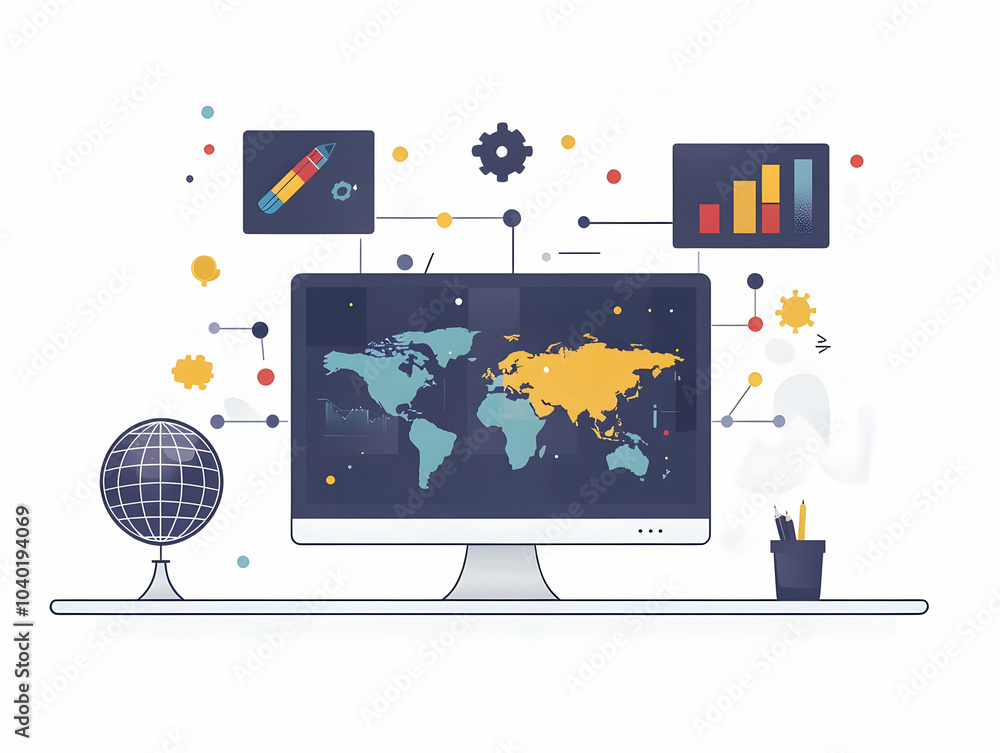 Poster flat desktop monitor holographic puzzle pieces globe concept glossy white desk floating icons collab