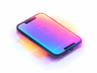 Flat smartphone levitating above white surface with holographic handshake shield icons for business negotiations responsibility copy space, side view design, glossy glowing vector illustration.