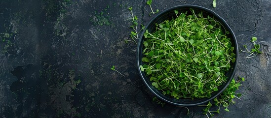 Top down view of a bowl of vibrant pea microgreens on a dark backdrop with copy space image Sprouted seeds for nourishing and wholesome eating