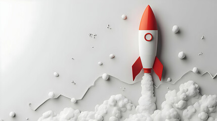 3D Plain White Backdrop Rising Rocket Concept Tracking Shot Stylized Rocket Rapid Growth Graph Line Extensive Copy Space Icon Isolated White Background