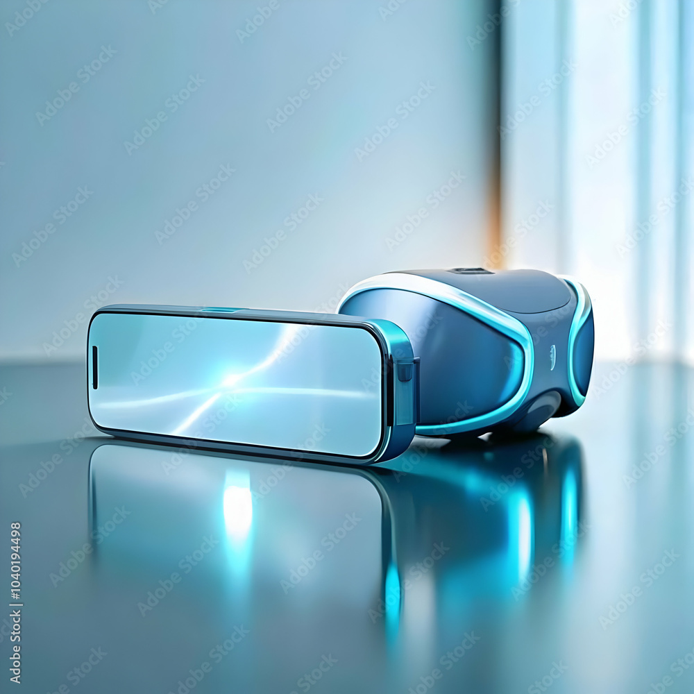 Poster vr headset smartphone plain background image virtual reality mobile technology integration workspace