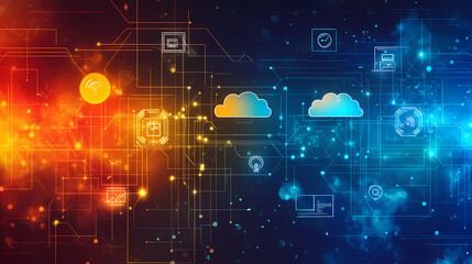 Obraz premium Digital world visualization, interconnected data streams, cloud computing icons