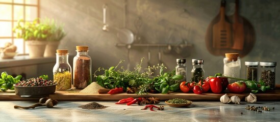Fototapeta premium An array of herbs and spices on the table bring vivid hues and delightful scents to the kitchen ambiance with room for a copy space image