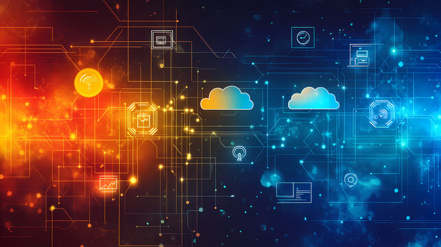 Digital world visualization, interconnected data streams, cloud computing icons