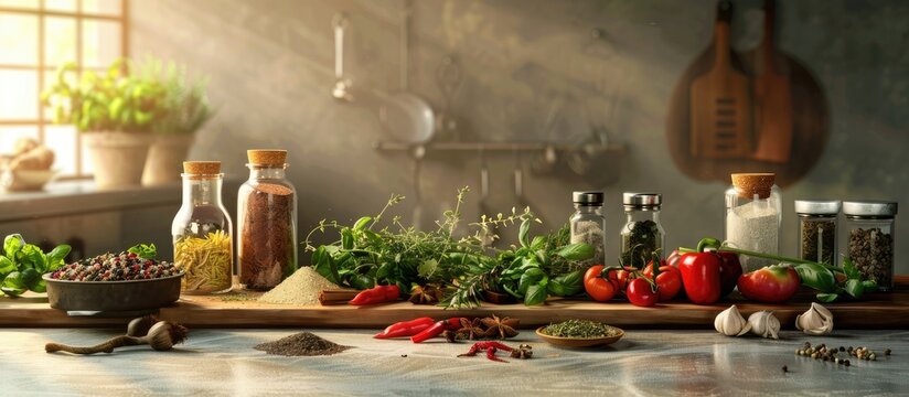 An array of herbs and spices on the table bring vivid hues and delightful scents to the kitchen ambiance with room for a copy space image