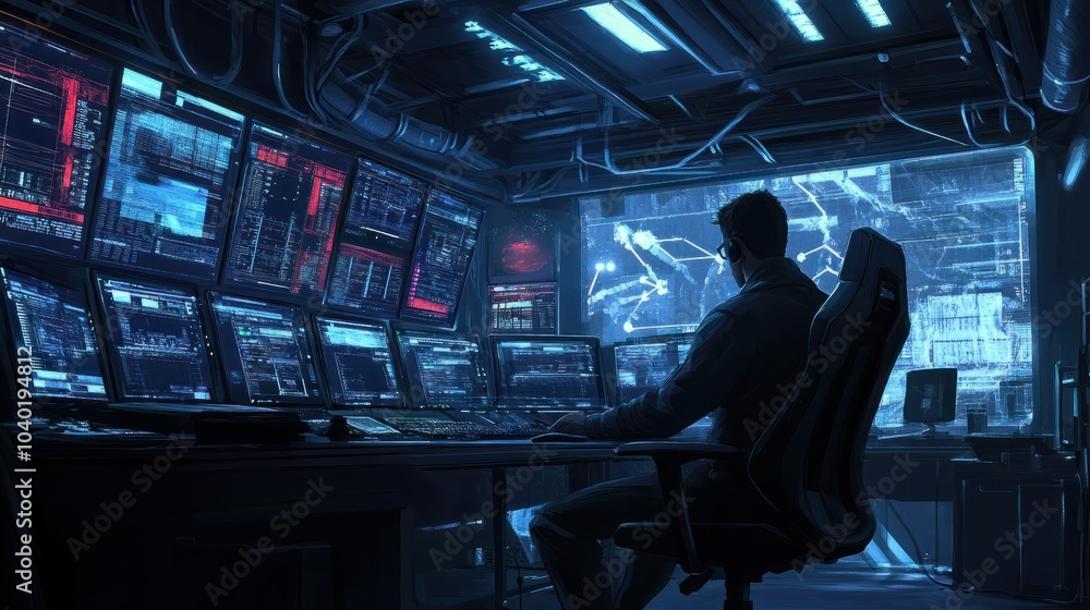 Poster system administrator working in a dark research facility on a computer with multiple displays