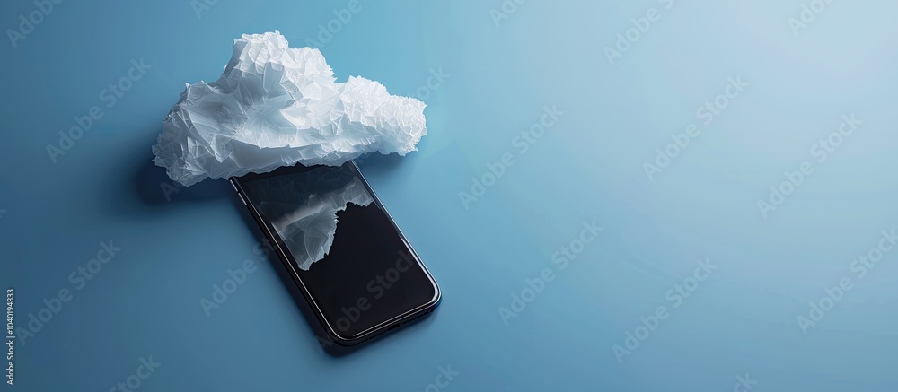 Poster a black smartphone with a paper cloud is set against a blue background with room for text near it in