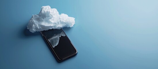 A black smartphone with a paper cloud is set against a blue background with room for text near it in the copy space image