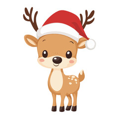 Cute cartoon reindeer wearing a Santa hat standing cheerfully against a plain white background during the holiday season