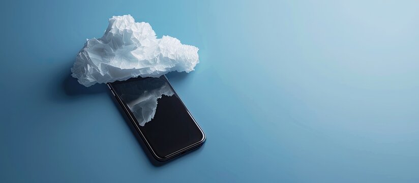 A black smartphone with a paper cloud is set against a blue background with room for text near it in the copy space image