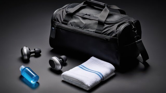 A sleek black gym bag is displayed with wireless earbuds, a white towel, and a small blue bottle, arranged on a dark surface with subtle lighting.