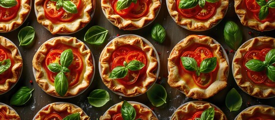 Slices of pie with tomatoes and basil are neatly arranged in rows on a dark surface with copy space image