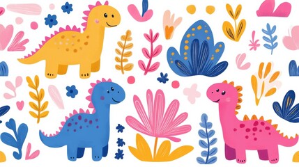 Delightful dinosaur pattern for a playful baby shower celebration, featuring cute critters and vibrant floral elements