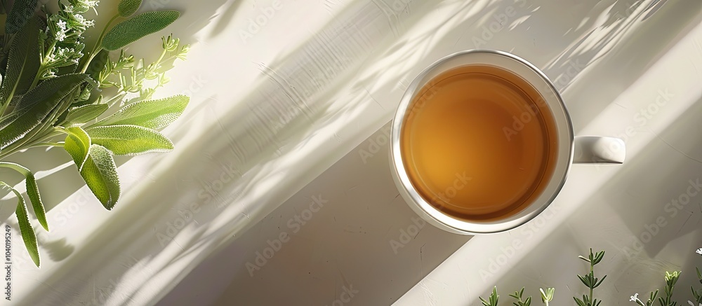 Poster view from above of a mug on a bright table containing sage infused herbal tea suitable for adding te