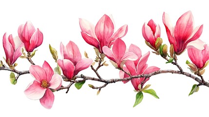 Watercolor Painting of Magnolia Blossoms on Branch