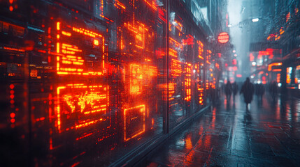 Fototapeta premium Urban scene at night with bright digital stock market tickers reflecting on wet city streets, capturing the fast-paced essence of finance and city life