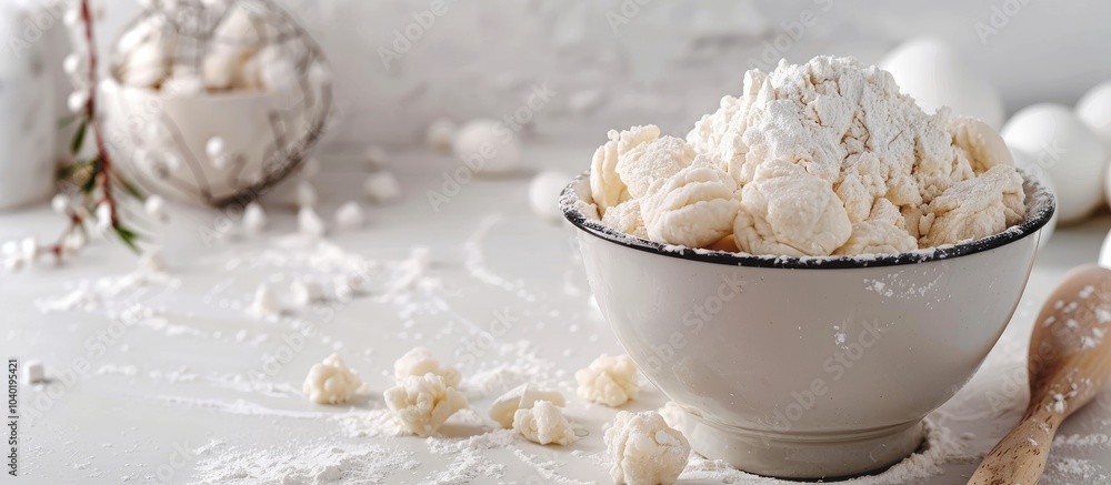 Poster mixing dough in a stand mixer bowl on a white tabletop with space for a text overlay image. copy spa