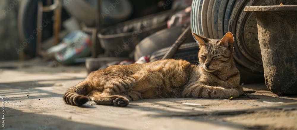 Poster a cat lounging in the empty space amidst structures with available copy space image