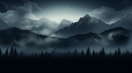 Dark misty mountain landscape with pine trees and cloudy sky