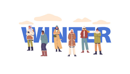 Cartoon Vector Poster featuring a group of people Freezing at winter Season. Characters Bundled Up In Winter Clothing