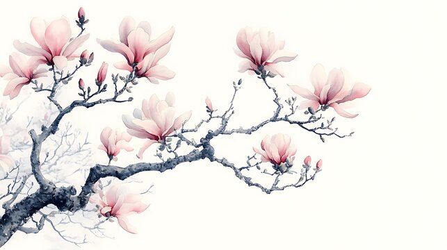 Watercolor Painting of Magnolia Flowers in Bloom