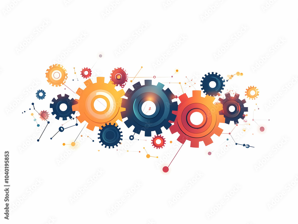 Poster flat abstract gears interlocking with bokeh lights concept soft image of cool toned gears meeting in