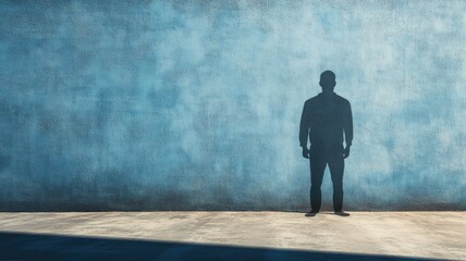 Fototapeta premium Silhouette of man against blue textured wall in shadow