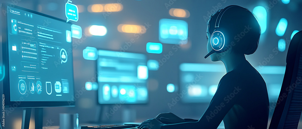 Poster woman in headset working on computer with blue user interface