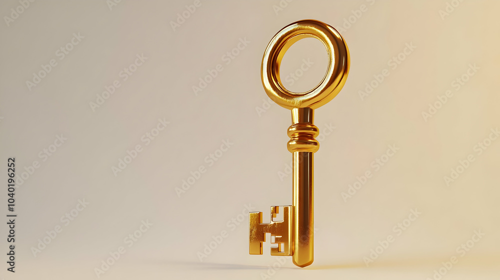 Poster 3d glossy golden key with keyhole concept dolly shot approaching symbolizing access to opportunities