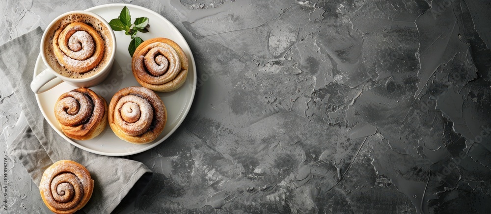 Aufkleber plate with cinnamon buns cream and a cup of coffee on a textured grey background with space for text