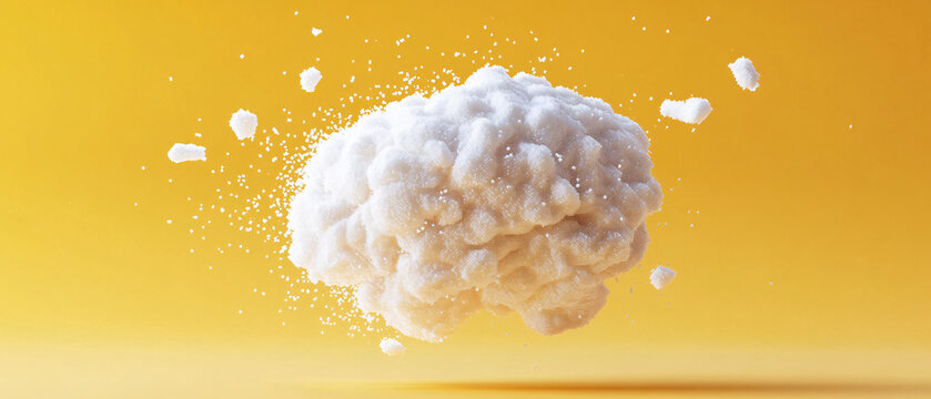 Abstract Brain Shape Exploding Into White Particles On Yellow Background, Abstract Brain Shape Exploding Into White Particles On Yellow Ba
