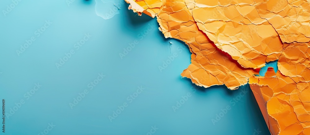 Poster conceptual representation of business core values on torn orange paper against a blue backdrop with 