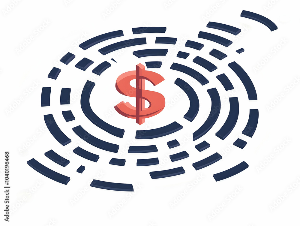Poster flat maze vector with dollar sign center multiple paths concept circular design highlighted routes d