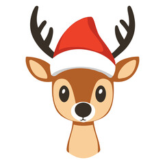A cheerful reindeer wearing a red Santa hat celebrating the holiday spirit in a festive and playful illustration style