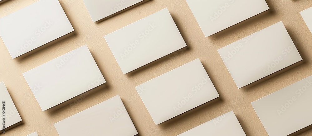 Poster top view of blank business cards on a textured beige background creating a mockup for design with co