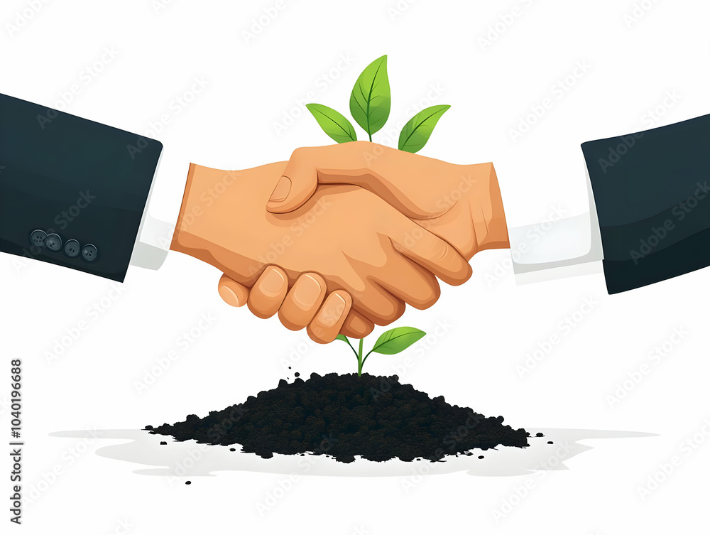 Poster flat close up hands shaking over seedling macro shot symbolizing compromise shared growth community 