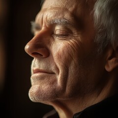 A close-up of a senior man meditating, eyes closed, in a guided meditation session for retirees